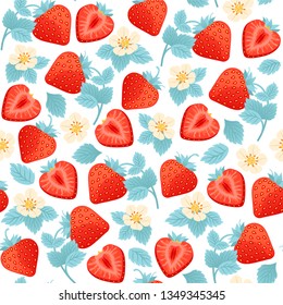 Seamless pattern with strawberry berries, leaves and flowers. Creative background for fabric, textile, wallpaper, wrapping paper. Vector illustration.