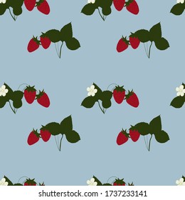 Seamless pattern with strawberry berries on branches with white flowers and green leaves on a blue background.
