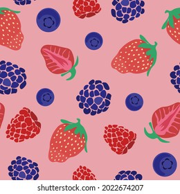 Seamless pattern with strawberry, blackberry, blueberry and raspberry on pink background. Colorful vector illustration. Ideal for cover, wallpaper, fabric, wrapping, packaging, brochures, posters.