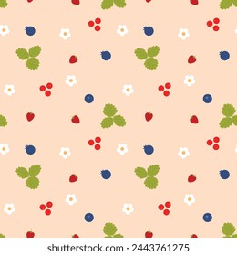 Seamless pattern strawberry, blackberry with flowers and leaves, vector illustration. Summer design textile print in flat style.