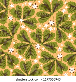 Seamless pattern with strawberry blossoms and leaf, natural wallpaper, floral decoration curl illustration. Print hand drawn elements. Home decor.