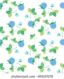 Seamless pattern strawberry, blue berries, leaf and flowers on a white background, flat, hand drawing, kawaii, bright print for fabric, wallpaper, curtains, posters, vector illustration EPS 8