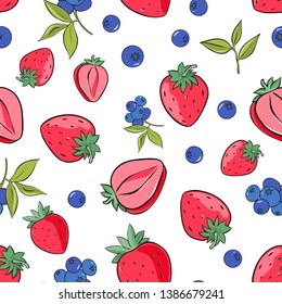 Seamless pattern of strawberry and blueberry isolated on white background. Vector illustration