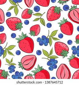 Seamless pattern of strawberry and blueberry isolated on white background. Vector illustration