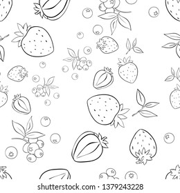 Seamless pattern of Strawberry and blue-berry outline on white background. Vector