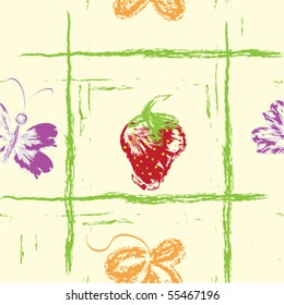 Seamless pattern with strawberry, butterfly and leafs