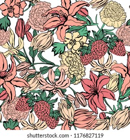 Seamless pattern with strawberry , butterfly, lilium, ylang, roses, carnation flowers. Colorful vector illustration. Print for home textile and clothes, fabric, textile