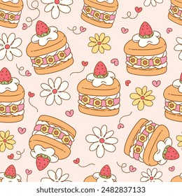 Seamless pattern of strawberry cake cartoon is delicious. And groovy flowers. It cute feminine. Pattern for fabric and wrapping paper, Pattern for design wallpaper and fashion prints.