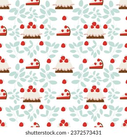 Seamless pattern with strawberry cake and greenery. Elegant background with sweet berry desert. Great for wallpaper, backgrounds, packaging, fabric, scrapbook