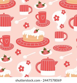 Seamless pattern with a strawberry cake and hot drink