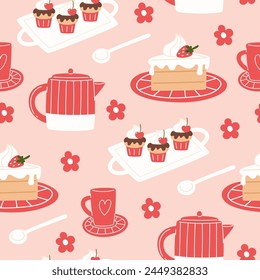 Seamless pattern with a strawberry cake and hot drink
