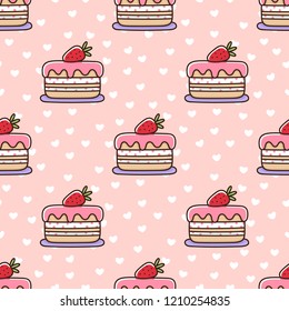 Seamless pattern with strawberry cake, on a pink background with white hearts. It can be used for packaging, wrapping paper, textile and etc. 