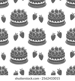 Seamless pattern, strawberry cakes, engraving, baking silhouettes. Black and white illustration, food background