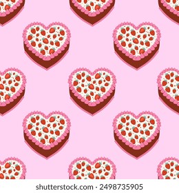 Seamless pattern with strawberry cakes. Vector flat background with strawberry cakes. Cute pieces of cakes and berries. Colorful seamless pattern