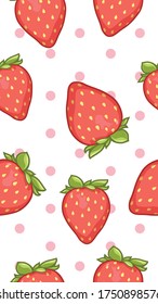 Seamless pattern of strawberry cartoon and pink polka dot. This vector illustration is for Wallpaper mobile phone, craft paper, web design, wall decor, scrapbook, wrapping paper, patterns, etc.