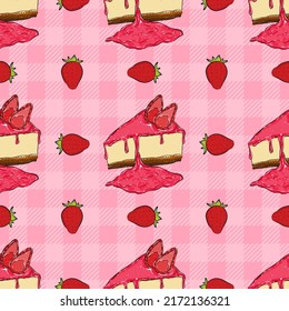 Seamless pattern with strawberry cheesecake. Bakery seamless background. Wrapping paper pattern. Hand drawn vector. Cute pattern.