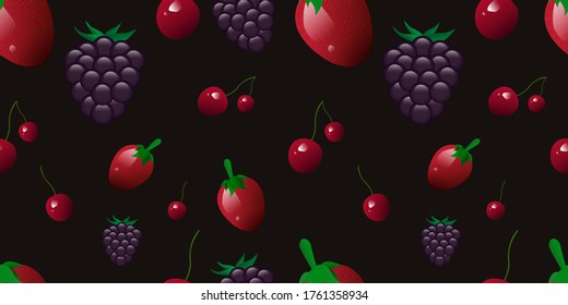 nahtloses Muster mit ErdbeerKirsche und Brombeere auf dunklem Hintergrund. Vektorgrafik