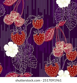 Padrão sem emenda com morango e cereja. Fundo desenhado à mão estilo de esboço de cor. Ilustração detalhada, desenhada à mão. Ótimo para tecido e têxtil, estampas, convite, embalagem.
