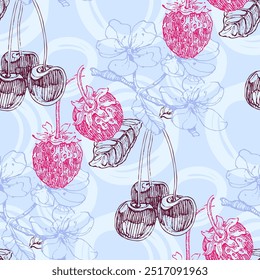 Seamless Pattern with strawberry and cherry. Color sketch style hand drawn background. Detailed illustration, hand drawn. Great for fabric and textile, prints, invitation, packaging.
