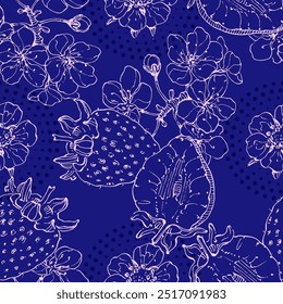 Seamless Pattern with strawberry and cherry. Color sketch style hand drawn background. Detailed illustration, hand drawn. Great for fabric and textile, prints, invitation, packaging.