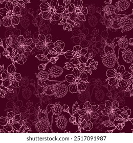 Seamless Pattern with strawberry and cherry. Color sketch style hand drawn background. Detailed illustration, hand drawn. Great for fabric and textile, prints, invitation, packaging.