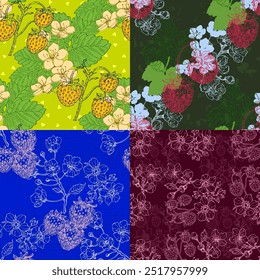 Padrão sem emenda com morango e cereja. Fundo desenhado à mão estilo de esboço de cor. Ilustração detalhada, desenhada à mão. Ótimo para tecido e têxtil, estampas, convite, embalagem.
