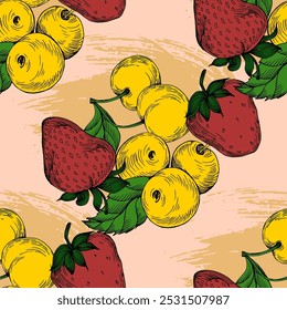 Seamless Pattern with strawberry and cherry. Color sketch style hand drawn background. Detailed illustration, hand drawn. Great for fabric and textile, prints, invitation, packaging