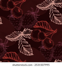 Patrón sin fisuras con fresa y cereza. Estilo de boceto de color dibujado a mano de fondo. Ilustración detallada, dibujado a mano. Grande para la tela y la materia textil, impresiones, invitación, empaquetado
