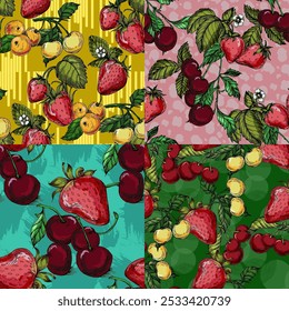 Nahtloses Muster mit Erdbeere und Kirsche. Farbskizze Stil handgezeichneter Hintergrund. Detaillierte Abbildung, handgezeichnet. Ideal für Stoff und Textilien, Prints, Einladungen, Verpackungen