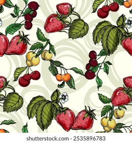 Seamless Pattern with strawberry and cherry. Color sketch style hand drawn background. Detailed illustration, hand drawn. Great for fabric and textile, prints, invitation, packaging