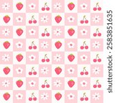 Seamless pattern strawberry, cherry, flower. Pink texture, textile, wrapping square background. Cute illustration