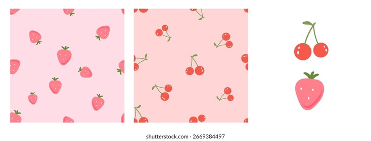 Patrón sin fisuras de fresa y cereza con hojas verdes sobre fondos rosados. Cereza roja y signo de fresa rosa aislado en el Vector de fondo blanco. Los niños llevan estampado de moda.