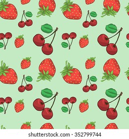 Seamless pattern with strawberry and cherry. Green background. Vector