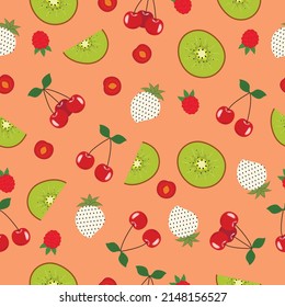 Seamless pattern with strawberry, cherry and kiwi