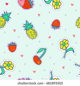 Seamless pattern with strawberry, cherry, pineapple, yellow flower.