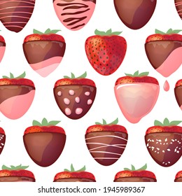 Seamless pattern with strawberry in chocolate. Endless texture with berries covered with glaze. Illustration can be used for restaurant and cafe menu and food projects.