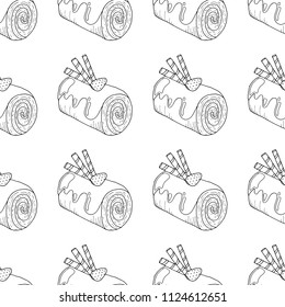 Seamless pattern from strawberry chocolate roll. Vector illustration of a seamless background of delicious cake.