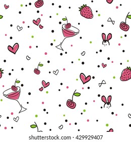 Seamless pattern, Strawberry cocktail, white background. A cheerful summer pattern with cocktail, berries, hearts and confetti. Vector, EPS 10. Fabric, packing paper, invitation,  celebration, etc.