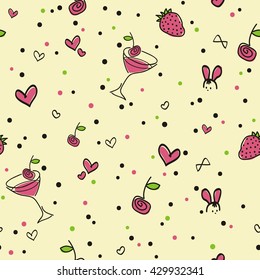 Seamless pattern, Strawberry cocktail, yellow background. A cheerful summer pattern with cocktail, berries, hearts and confetti. Vector, EPS 10. Fabric, packing paper, invitation,  celebration, etc.