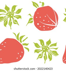 Seamless pattern with strawberry. Colorful paper cut collection of wild and garden berries and leaves in  style isolated on white background. Doodle hand drawn vector illustration