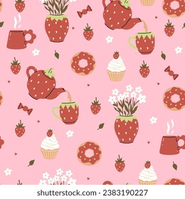 Seamless pattern with strawberry cups, teapots. Vector graphics.