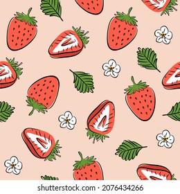 Seamless pattern with strawberry. Cute colorful strawberries with flowers and leaves in doodle style. Vector illustration