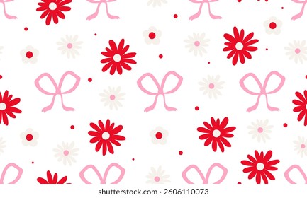 Seamless pattern strawberry and cute coquette ribbon on white background. Vector illustration.