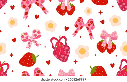 Seamless pattern strawberry and cute coquette ribbon on white background. Vector illustration.