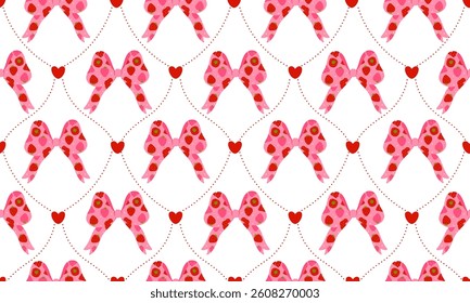 Seamless pattern strawberry and cute coquette ribbon on white background. Vector illustration.