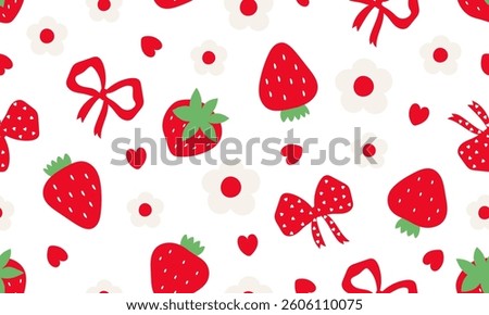 Seamless pattern strawberry and cute coquette ribbon on white background. Vector illustration.