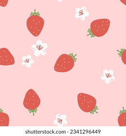 Seamless pattern with strawberry and cute flower on pink background vector illustration. Cute fruit print.