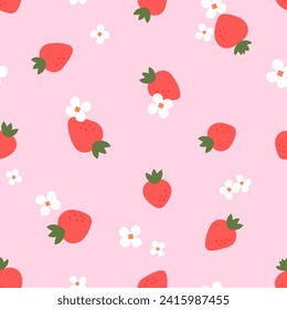 Seamless pattern with strawberry and cute flower on pink background vector illustration. Cute fruit print.