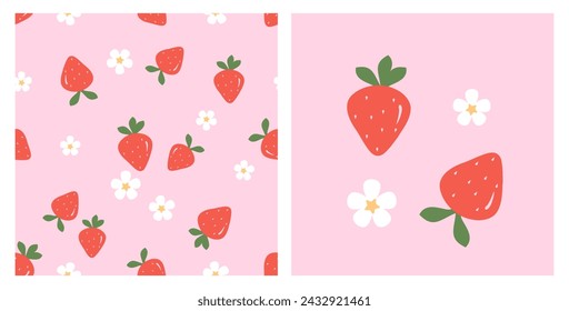 Seamless pattern with strawberry and cute flower on pink background. Strawberry and white flower icons set vector. 