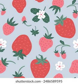 Seamless pattern with strawberry and cute flower on light blue background. Berry vector illustration. Cute fruit seamless print for fabric design.